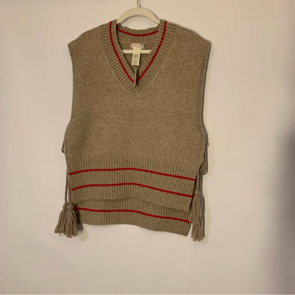 Free People Tan and Red V-Neck Sweater Vest with Side-Ties • O/S